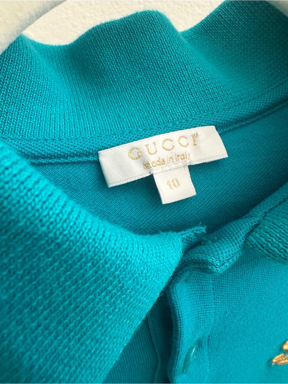 GUCCI 🦋 Kids Turquoise Polo with Yellow Script Logo - Picture 7 of 8